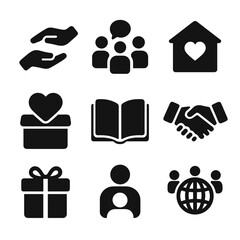 Volunteer Icon Set. Solid, filled icon set of Volunteer and community support: helping hands, group discussion, community center,
