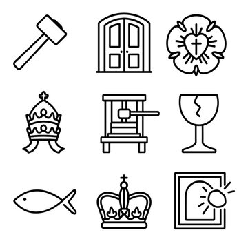 Reformation Icon Set. Outline icon set of the Reformation and schisms: Luther&rsquo;s hammer, Wittenberg door, Protestant rose, papal