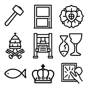 Reformation Icon Set. Outline icon set of the Reformation and schisms: Luther&rsquo;s hammer, Wittenberg door, Protestant rose, papal