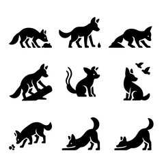 Obraz premium Fox Behavior Icons. Solid, filled icon set of fox behaviors: hunting mouse, marking territory, digging den, climbing log, tail