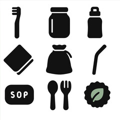 Zero-Waste Icons Grid. Solid, filled icons set of zero-waste lifestyle choices: bamboo toothbrush, glass jar,