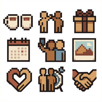 Relationship Icon Set. Pixel art icon set of relationship building: coffee cup meeting, shared activity icon, gift box, calendar