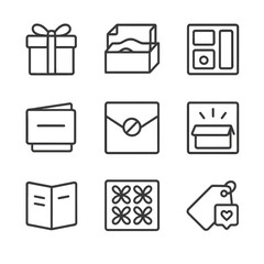Branding Icons Grid. Outline icon set of branding and unboxing experience: ribbon-tied box, tissue paper layer, custom insert tray