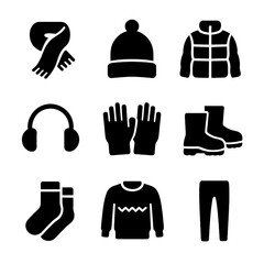 Winter Fashion Icons. Solid, filled icon set of winter fashion essentials: wool scarf, beanie hat, puffer jacket, earmuffs, winter