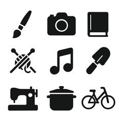 Obraz premium Women's Hobbies Icons. Solid, filled icon set of women’s hobbies: paintbrush, camera, book, knitting needles, musical note,