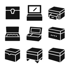Wooden Box Icons. Solid, filled icon set of wooden box features: lock mechanism, mirror lid, sliding drawer, soft padding,