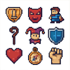 Fototapeta premium RPG Archetype Icons. Pixel art icon set of role-playing archetypes: hero emblem, villain mask, sidekick figure, mentor staff,