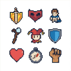 Fototapeta premium RPG Archetype Icons. Pixel art icon set of role-playing archetypes: hero emblem, villain mask, sidekick figure, mentor staff,
