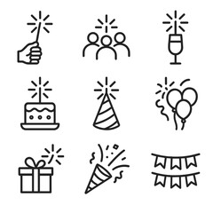 Celebratory Sparklers Icons. Outline icon set of celebratory sparkler scenes: hand holding sparkler, group of people silhouette,