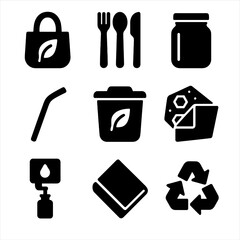 Zero Waste Icons. Solid, filled icon set of zero waste lifestyle: reusable bag, bamboo utensils, glass jar, metal straw, compost