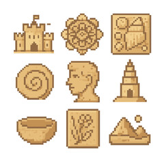 Sand Art Icons. Pixel art icon set of sand art & sculpture: sand castle, sand mandala, shell mosaic, sand spiral, sand portrait,