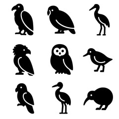 Obraz premium Endangered Species Icons. Solid, filled icon set of endangered birds: California condor, kakapo, whooping crane, Philippine eagle,