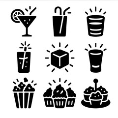 Glowing Party Icons. Solid, filled icon set of glow drinks and snacks: glowing cocktail, LED straw, neon jello shot, drink with