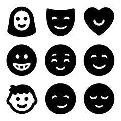 Obraz premium Grid of Iconic Smiles. Solid, filled icon set of symbolic smiles: Mona Lisa smile, mask smile, heart-shaped smile, toothy grin,