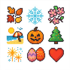 Seasonal Icon Set. Pixel art icon set of seasonal postcard themes: autumn leaves, snowflake pattern, spring blossoms, summer beach