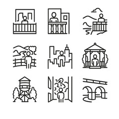 Secret Viewpoint Icons. Outline icon set of secret viewpoints: rooftop terrace, hidden balcony, hilltop overlook, river bend,
