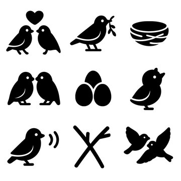 Finch Icon Set. Solid, filled icon set of finch mating and nesting: heart over birds, twig in beak, woven nest, two finches close,