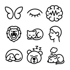 Fototapeta premium Sleep Cycle Icons. Outline icon set of sleep cycle behaviors: REM flutter wing, closed eye silhouette, brain wave line, yawning