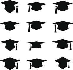 Nine graduation cap silhouettes academic success symbols