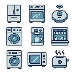 Smart Home Pixel Icons. Pixel art icon set of smart appliances integration: connected fridge, smart oven, robotic vacuum,