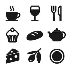 Food and Drink Icons. Solid, filled icon set of black and white food and drink: coffee cup, wine glass, fork and knife, cupcake,