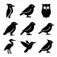 Obraz premium Forest Bird Icons. Solid, filled icon set of forest birds: woodpecker, sparrow, owl, hawk, finch, warbler, heron, hummingbird, jay