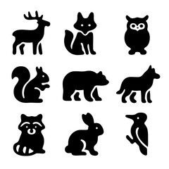 Forest Animal Icons. Solid, filled icon set of forest animals: deer, fox, owl, squirrel, bear, wolf, raccoon, rabbit, woodpecker.