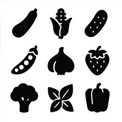 Fresh Produce Icons. Solid, filled icon set of fresh produce at farmer’s market: zucchini, corn, cucumber, peas, garlic,