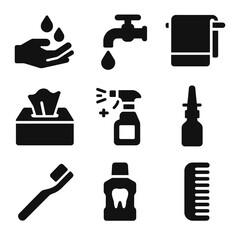 Hygiene Icon Set. Solid, filled icon set of hygiene practices: washing hands, clean water, towel, tissue paper, disinfectant spray