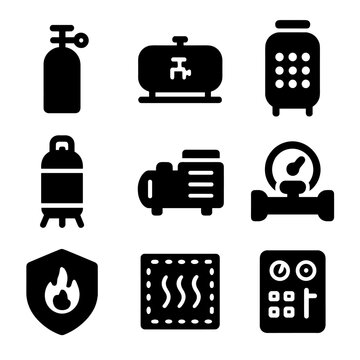 Hydrogen Energy Icons. Solid, filled icon set of hydrogen energy storage: high-pressure tank, liquid hydrogen container, metal