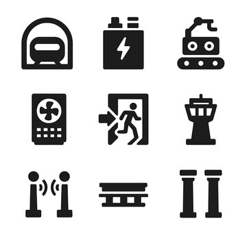 Hyperloop Infrastructure Icons. Solid, filled icon set of hyperloop infrastructure: tunnel, power supply, maintenance robot,