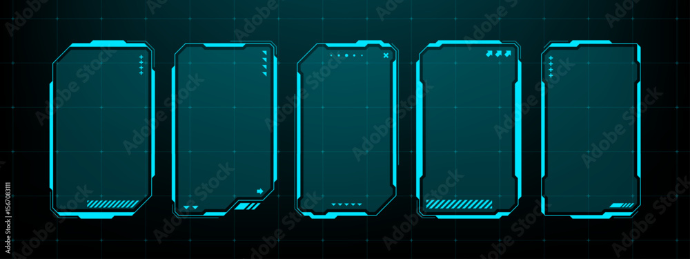 Fototapete five hud text box frame vectors with blue neon outline. futuristic infographic interface. empty temp