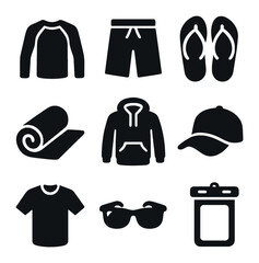 Surf Style Icons. Solid, filled icons set of surf-style clothing: rash guard, board shorts, flip-flops, beach