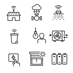 Sustainable Smart Feature Icons. Outline icon set of sustainable smart features: green roof sensor, rainwater harvesting valve,