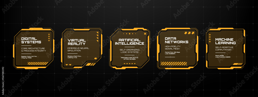 Poster futuristic dark scifi hud text box frame vector with digital systems and artificial intelligence con