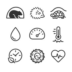 Fototapeta premium Dormancy Strategy Icons. Outline icon set of hibernation and dormancy strategies: bear in den silhouette, hedgehog curled up,