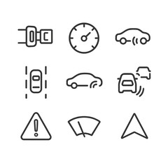Driver Assistance Icons. Outline icon set of driver assistance and safety features: seatbelt buckle, speedometer dial, adaptive