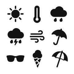 July Weather Icons. Solid, filled icon set of July weather icons: bright sun, thermometer, rain cloud, thunderstorm, wind gust,