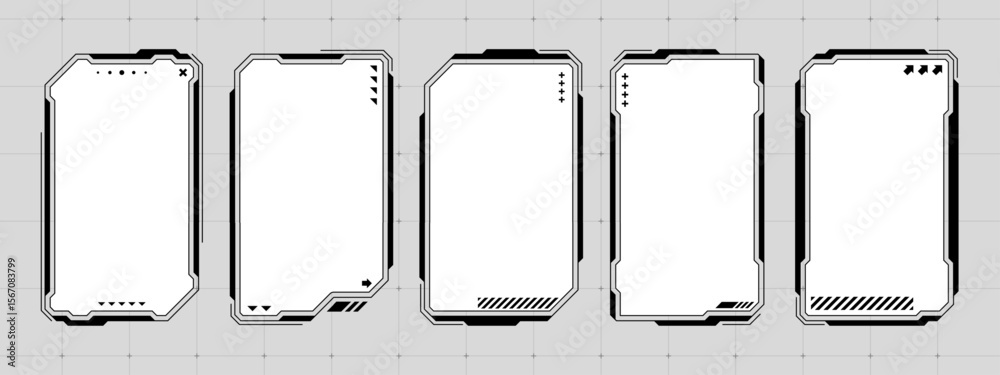 Poster A set of five futuristic heads up display text boxes, hud ui frames, for digital data, sci fi game interface.