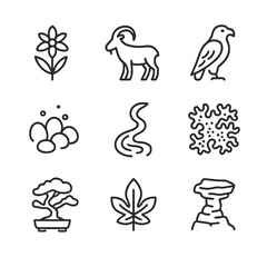 Naklejka premium Ecological Awareness Icons. Outline icon set of ecological awareness on remote hikes: alpine wildflower, mountain goat silhouette,