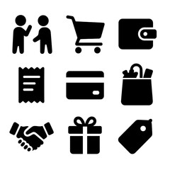 Flea Market Icons. Solid, filled icon set of flea market shopping activities: bargaining, shopping cart, wallet, receipt, credit