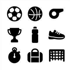 Obraz premium Laughing Friends Sports Icons. Solid, filled icon set of friends laughing during sports: soccer ball, basketball, whistle, trophy,