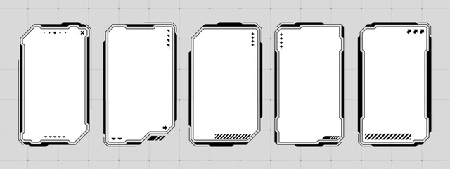 A set of five futuristic heads up display text boxes, hud ui frames, for digital data, sci fi game interface. © hiten666