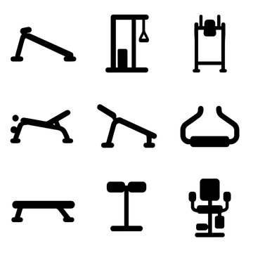 Gym Equipment Icons. Solid, filled icon set of gym ab machines: ab crunch bench, cable crunch setup, Roman chair, captain&rsquo;s chair,
