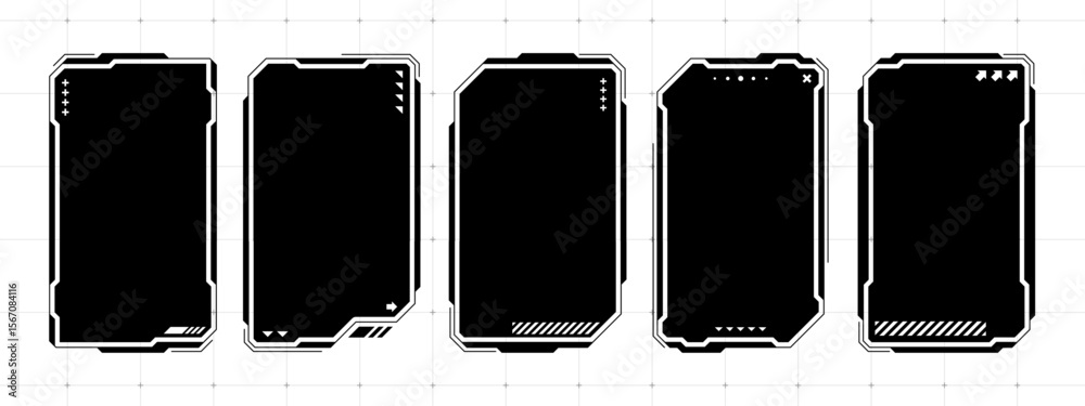 Poster five black futuristic hud text box frames and hi tech square elements. abstract modern digital data 