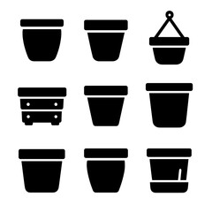 Flower Pot Icons. Solid, filled icon set of flower pot types: ceramic pot, clay pot, hanging pot, wooden planter, plastic pot,