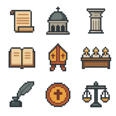 Naklejka premium Theological Icons Grid. Pixel art icon set of theological councils and creeds: Nicaea scroll, Chalcedon dome, Constantinople