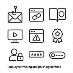 Employee Training Icons. Outline icon set of employee training and phishing defense: phishing email envelope, suspicious link icon