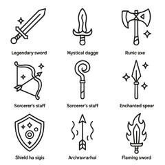 Obraz premium Enchanted Weapon Icons. Outline icon set of enchanted weapons: legendary sword, mystical dagger, runic axe, magical bow,