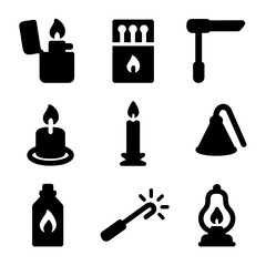 Lighting Tools Icons. Solid, filled icon set of lighting accessories and tools: lighter, matchbox, fire starter, candle wick,